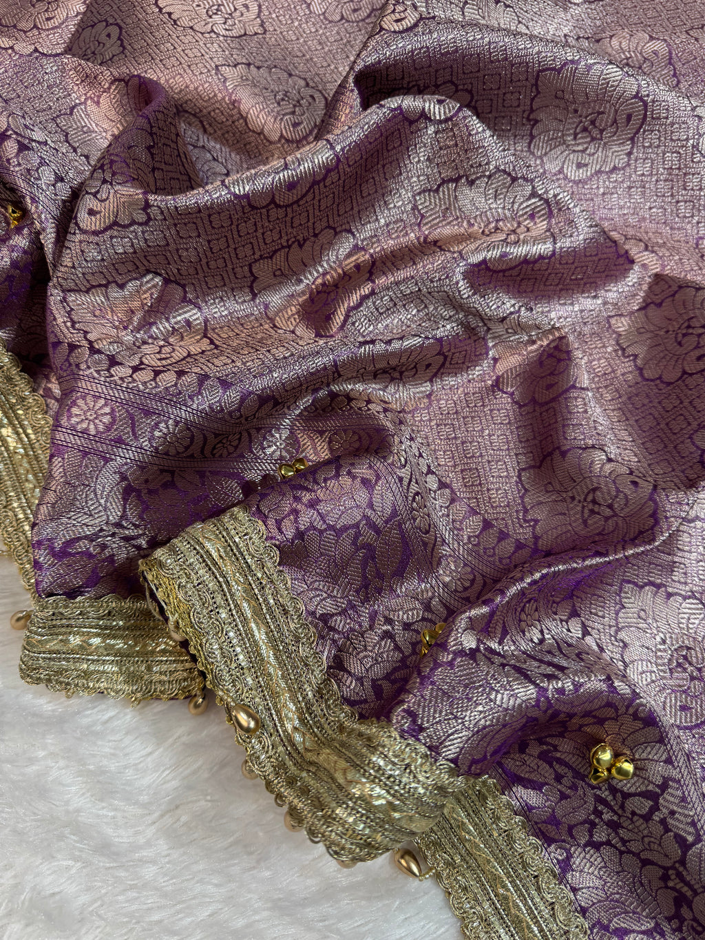 Purple Tissue Silk Saree With Golden Ghungroo Butti Work & Luxury Lace Border