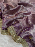 Purple Tissue Silk Saree With Golden Ghungroo Butti Work & Luxury Lace Border