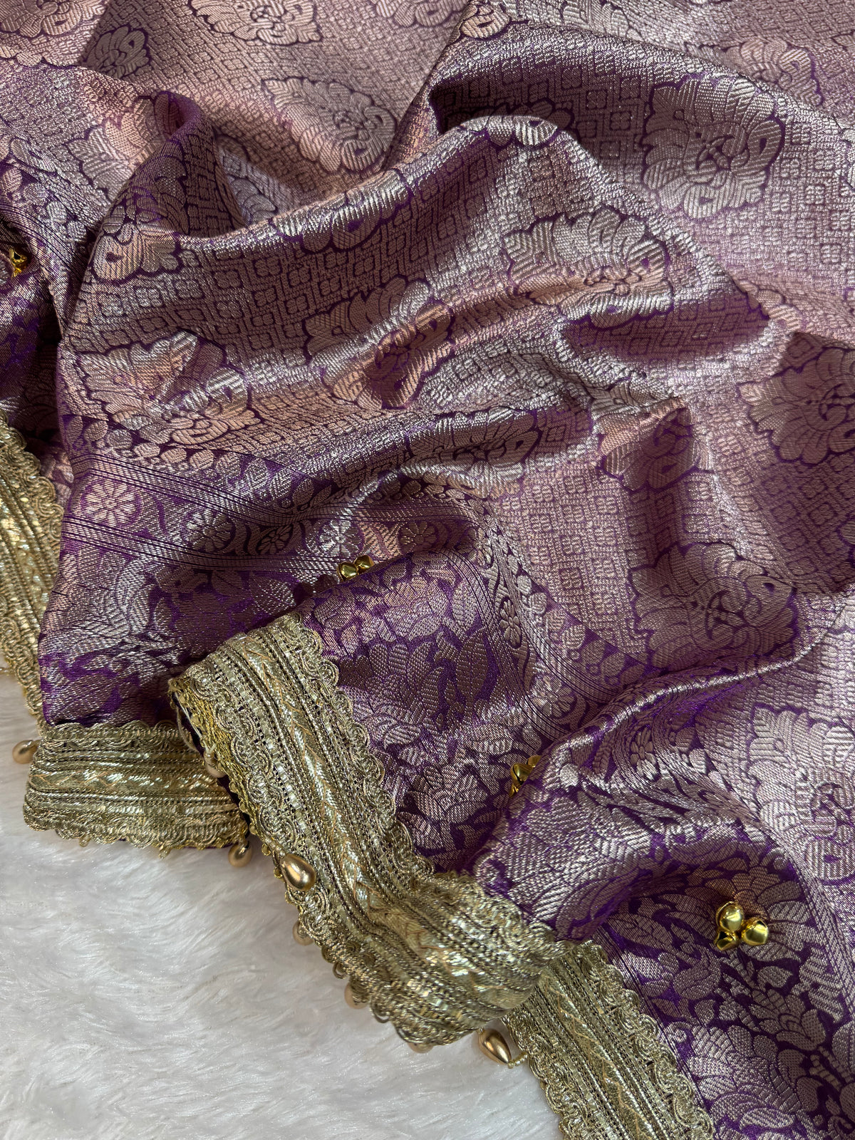 Purple Tissue Silk Saree With Golden Ghungroo Butti Work & Luxury Lace Border