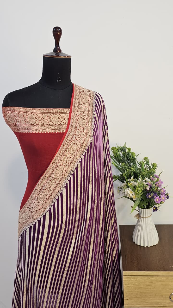 Red & Magenta Contrast Pure Khaddi Georgette Banarasi Border Saree