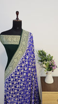 Bottle Green & Royal Blue Contrast Pure Khaddi Georgette Banarasi Border Jaal Saree