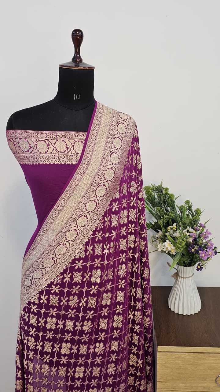 Magenta Pure Khaddi Georgette Skirt Border Jaal Saree