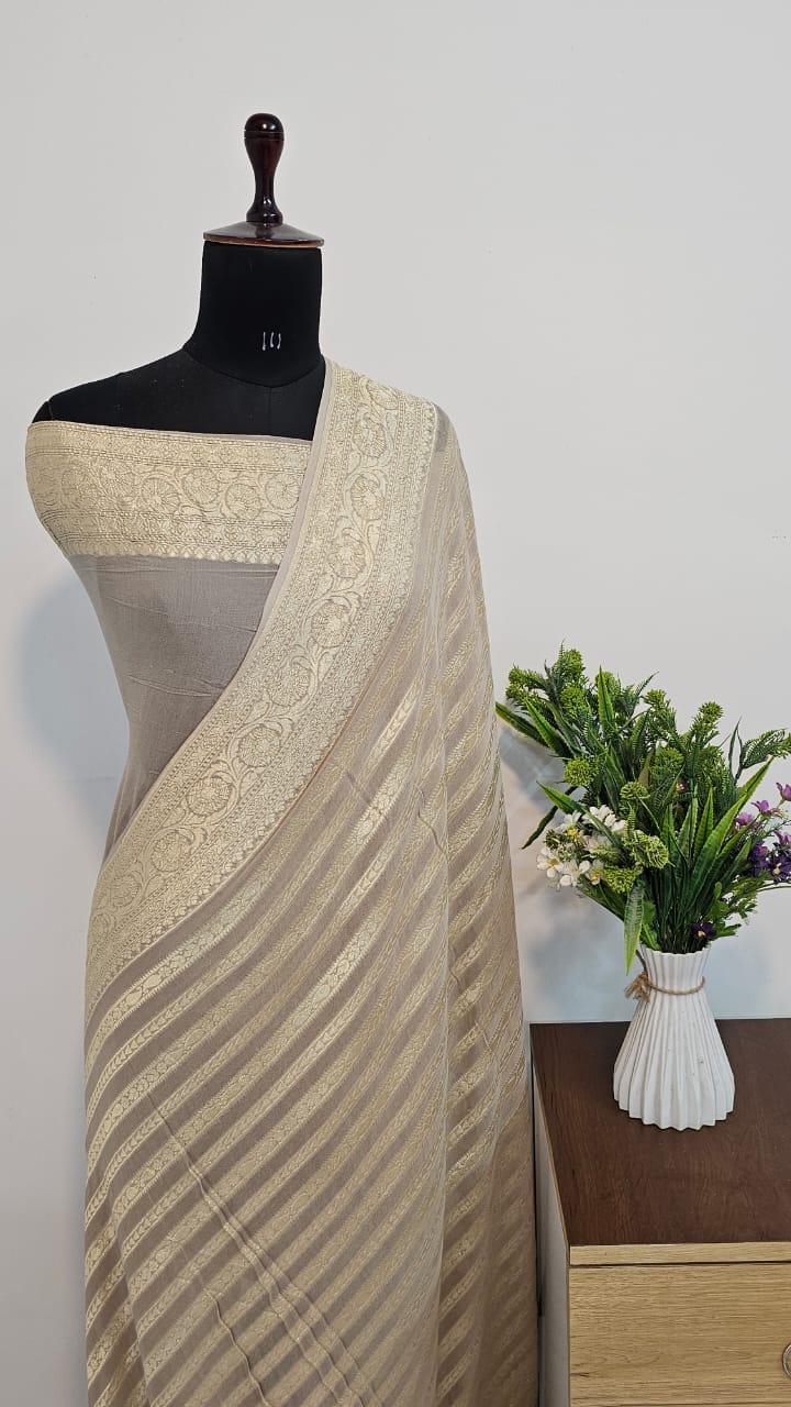 Lite Grey Pure Khaddi Georgette Banarasi Border Stripe Saree