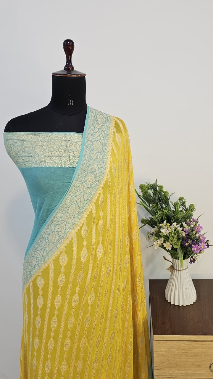 Firozi & Yellow Contrast Pure Khaddi Georgette Banarasi Border Stripe Design Saree