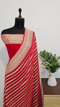 Red Pure Khaddi Georgette Banarasi Border Stripe Saree