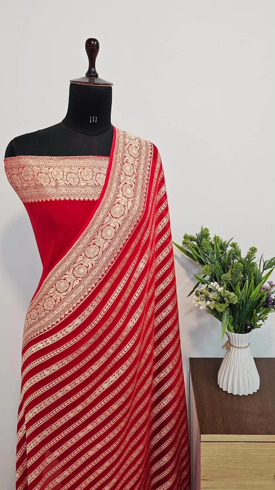Red Pure Khaddi Georgette Banarasi Border Stripe Saree