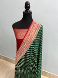 Red & Bottle Green Contrast Pure Khaddi Georgette Banarasi Border Booti Saree