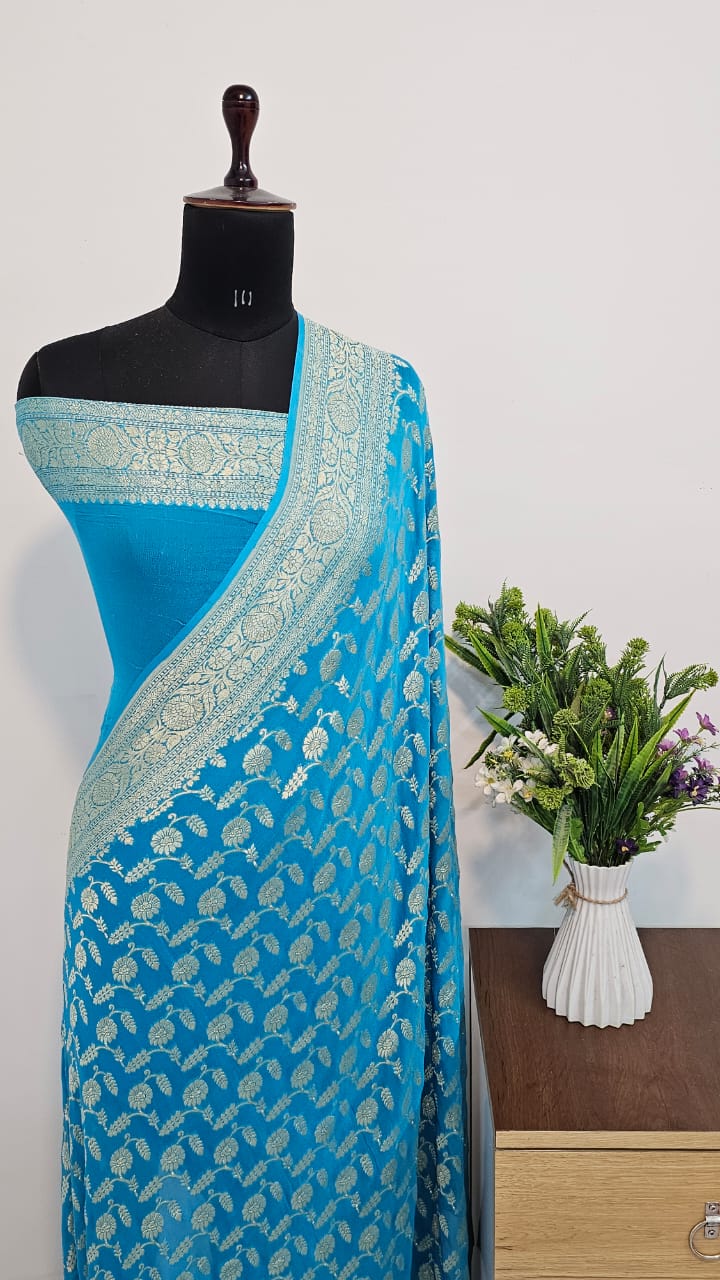 Firozi Pure Khaddi Georgette Banarasi Border Jaal Saree