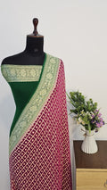 Bottle Green & Rani Contrast Pure Khaddi Georgette Banarasi Border Chaokdi Jaal Booti Saree