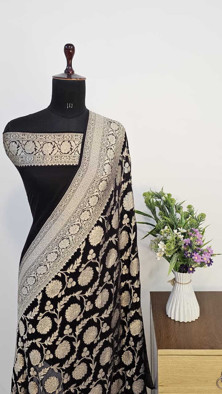 Black Pure Khaddi Georgette Skirt Border Jaal Saree