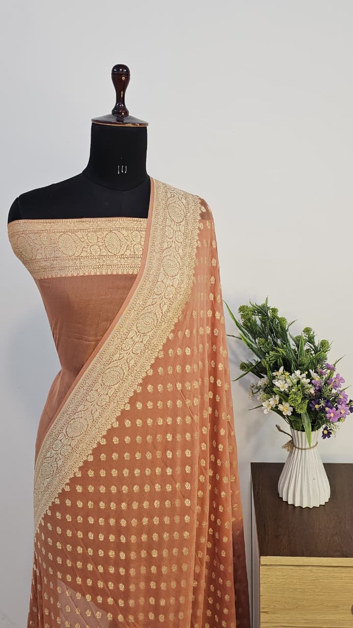 Bronze Pure Khaddi Georgette Banarasi Border Booti Saree