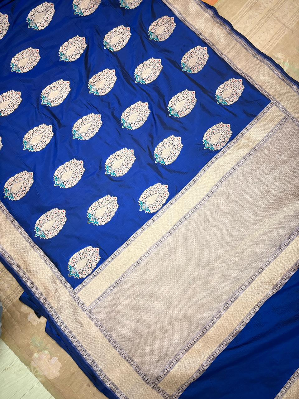 Royal Blue Pure katan Zari Border Aanchal Mina Boota Saree