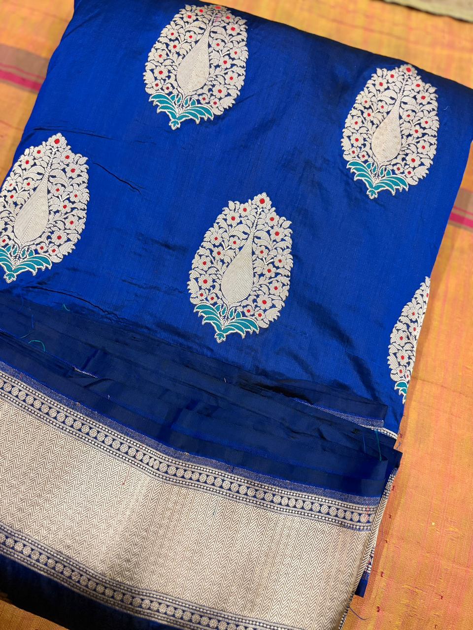 Royal Blue Pure katan Zari Border Aanchal Mina Boota Saree