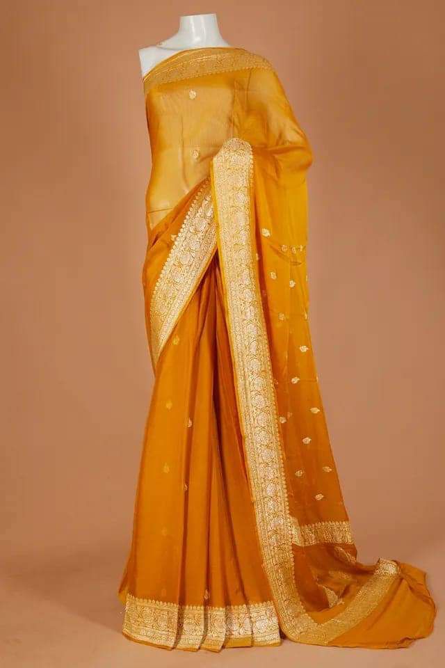 Yellow Gold Pure khaddi Chiffon Silk Banarasi Border Booti Saree