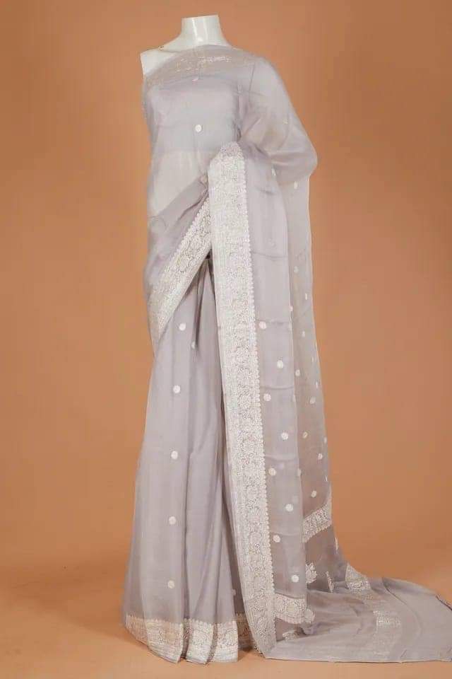 Lite Grey Pure khaddi Chiffon Silk Banarasi Border Booti Saree
