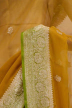 Green & Yellow Contrast Pure khaddi Chiffon Silk Banarasi Border Booti Saree