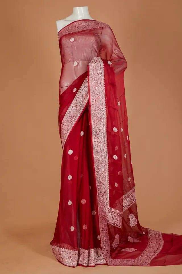 Red Pure khaddi Chiffon Silk Banarasi Border Booti Saree
