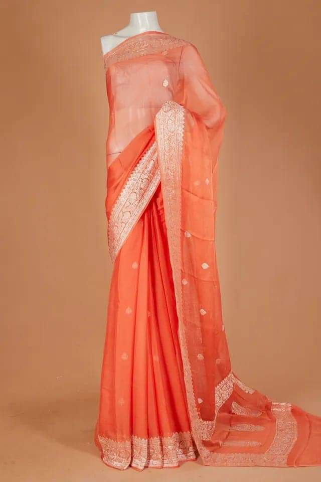 Strawberry Pure khaddi Chiffon Silk Banarasi Border Booti Saree