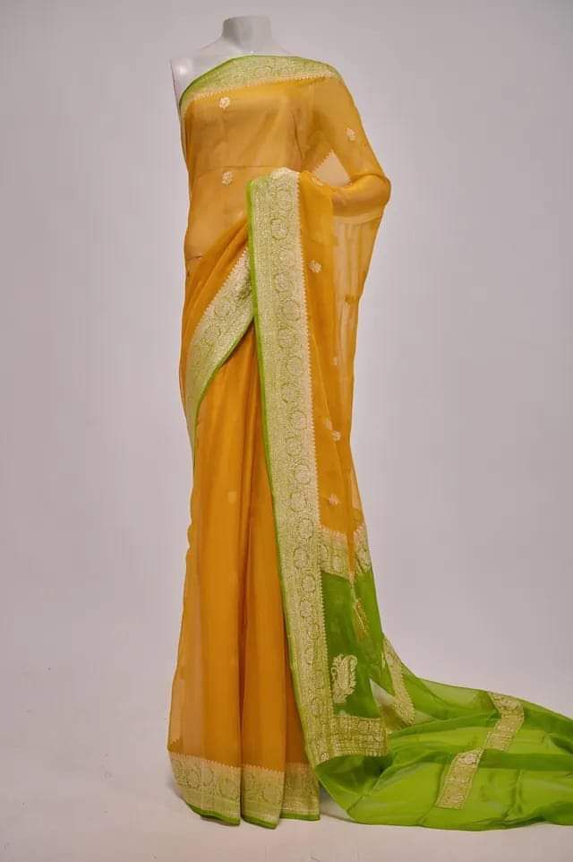 Green & Yellow Contrast Pure khaddi Chiffon Silk Banarasi Border Booti Saree