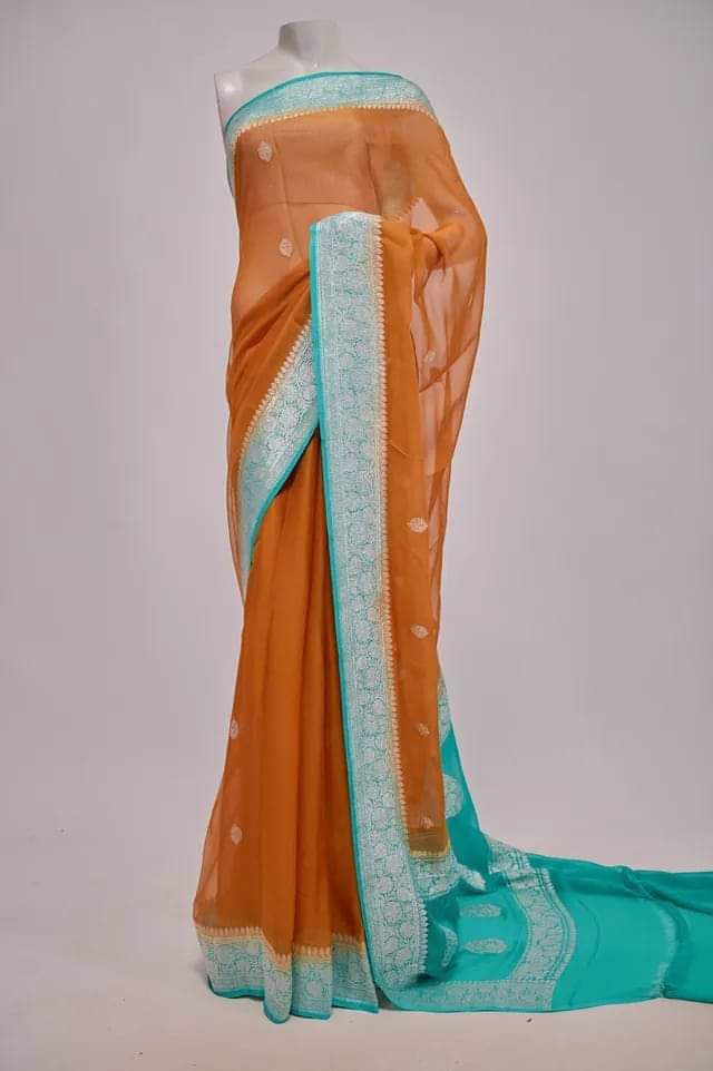 Firozi & Rust Contrast Pure khaddi Chiffon Silk Banarasi Border Booti Saree