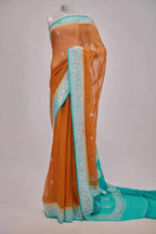 Firozi & Rust Contrast Pure khaddi Chiffon Silk Banarasi Border Booti Saree