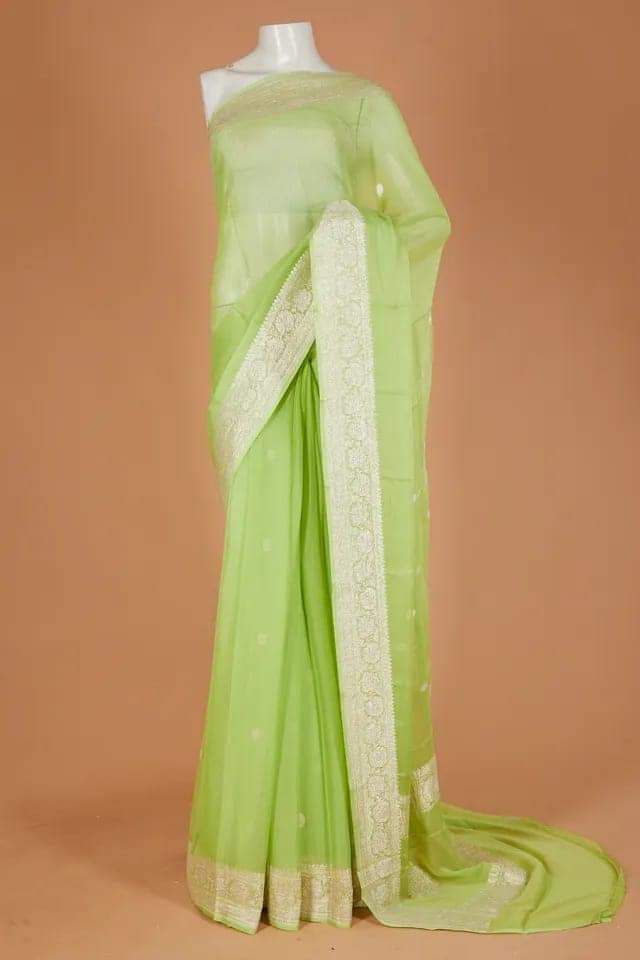 Pista Pure khaddi Chiffon Silk Banarasi Border Booti Saree