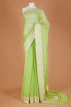 Pista Pure khaddi Chiffon Silk Banarasi Border Booti Saree