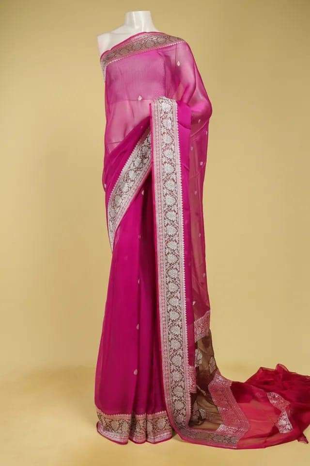 Garnet & Rani Contrast Pure khaddi Chiffon Silk Banarasi Border Booti Saree