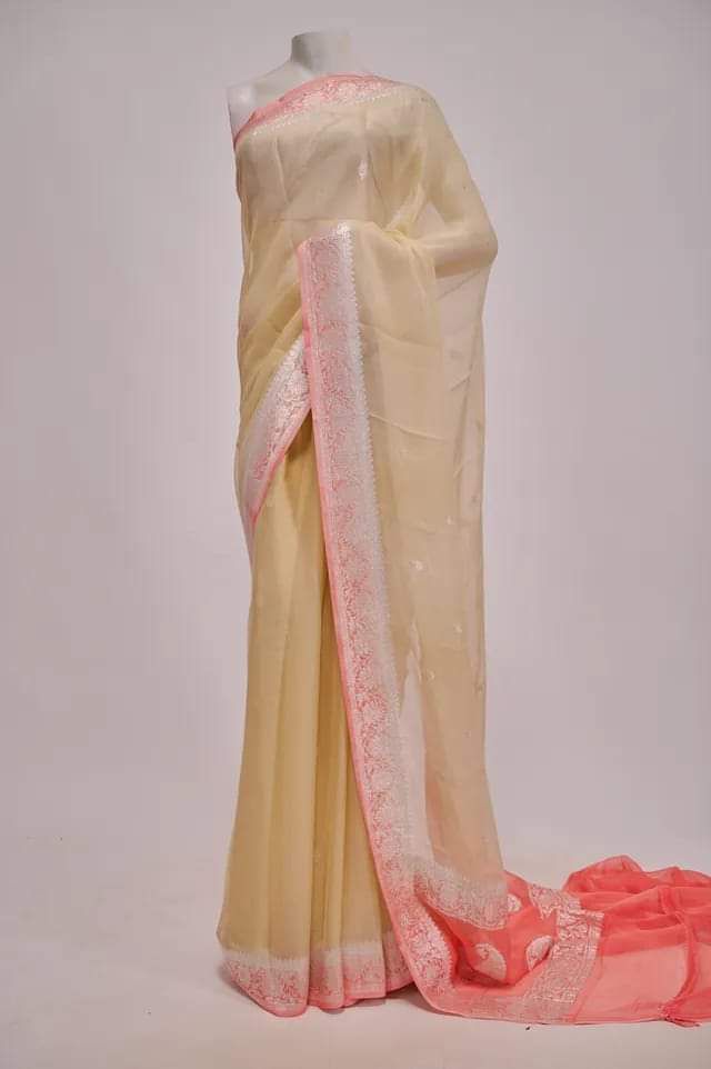 Strawberry & Beige Contrast Pure khaddi Chiffon Silk Banarasi Border Booti Saree