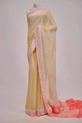 Strawberry & Beige Contrast Pure khaddi Chiffon Silk Banarasi Border Booti Saree