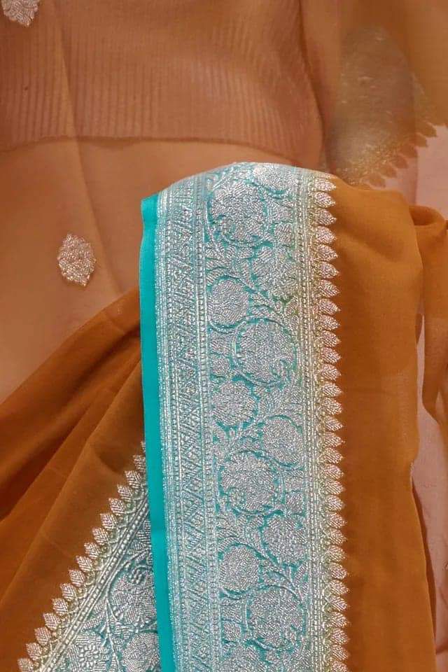 Firozi & Rust Contrast Pure khaddi Chiffon Silk Banarasi Border Booti Saree