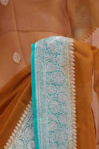 Firozi & Rust Contrast Pure khaddi Chiffon Silk Banarasi Border Booti Saree