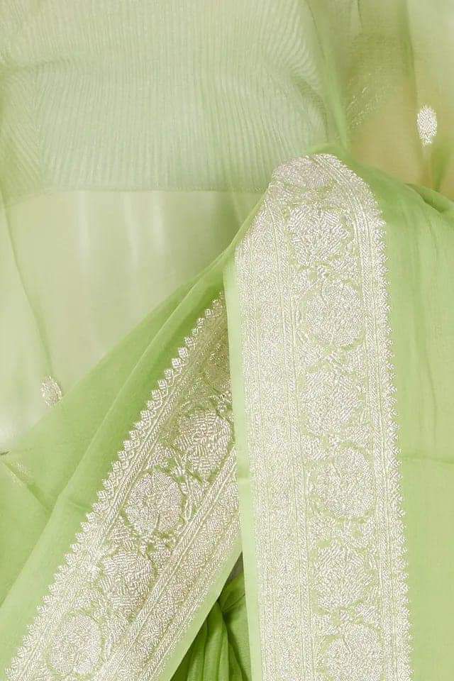 Pista Pure khaddi Chiffon Silk Banarasi Border Booti Saree