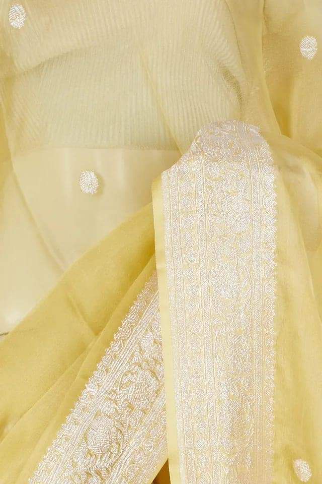 Yellow Pure khaddi Chiffon Silk Banarasi Border Booti Saree